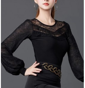 Black lace ballroom latin dance tops for women girls waltz tango foxtrot smooth dance long lantern sleeves blouses for female